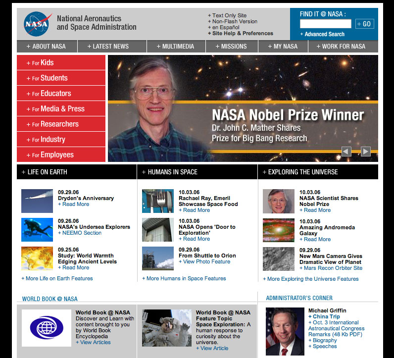 main NASA web site, October 2006