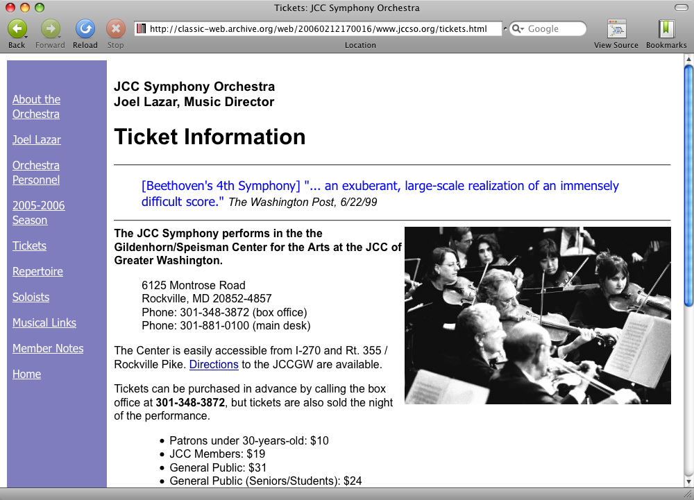 JCCSO web site: Tickets