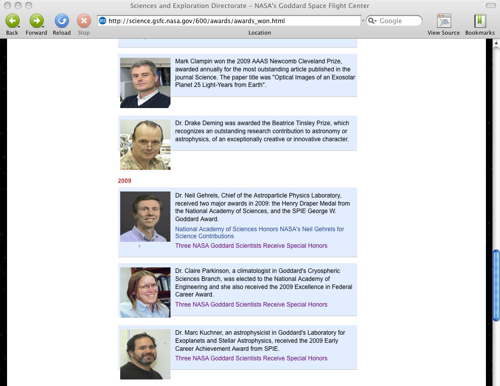 NASA web site:Sciences Directorate awards middle